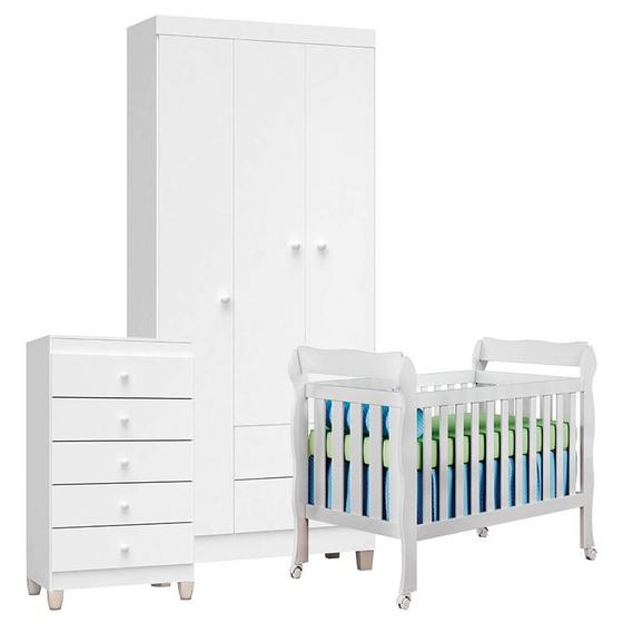 Imagem de Quarto de Bebê 3 Portas com Gaveteiro Ternura Baby e Berço Lila Branco Brilho - Incorplac