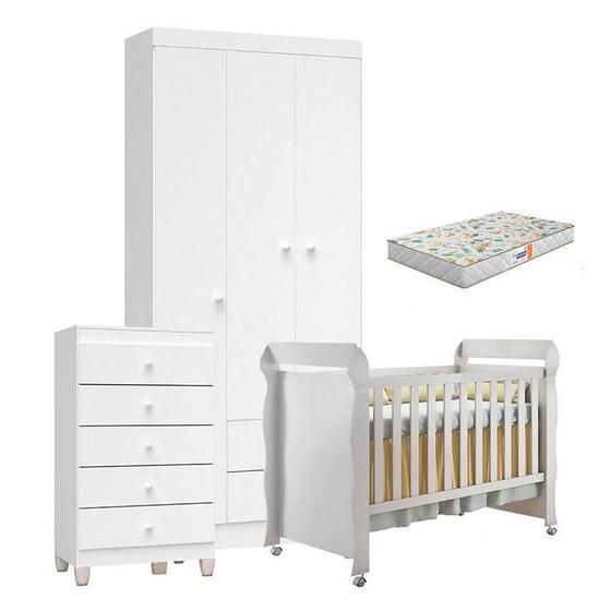 Imagem de Quarto de Bebê 3 Portas com Gaveteiro Ternura Baby e Berço Mirelle Branco Brilho com Colchão Gazin - Incorplac