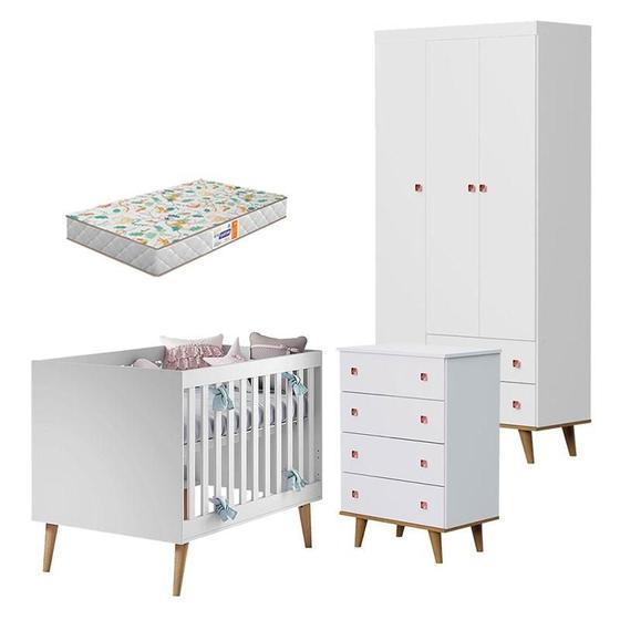 Imagem de Quarto de Bebê 3 Portas e Cômoda Gaveteiro Fernanda com Berço Ludmila Branco Acetinado Bétula e Colchão Gazin  Carolina Baby