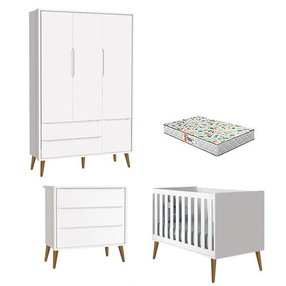 Imagem de Quarto de Bebê 3 Portas e Cômoda Gaveteiro Theo Branco Pés Amadeirados com Colchão Gazin  Reller