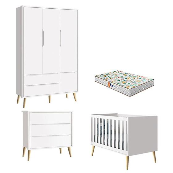 Imagem de Quarto de Bebê 3 Portas e Cômoda Gaveteiro Theo Branco Pés Madeira Natural com Colchão Gazin  Reller