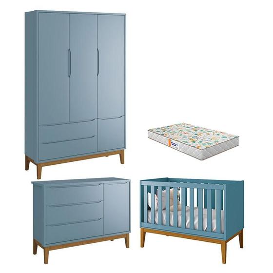 Imagem de Quarto de Bebê 3 Portas New Classic Azul com Pés Madeira e Colchão Gazin  Reller