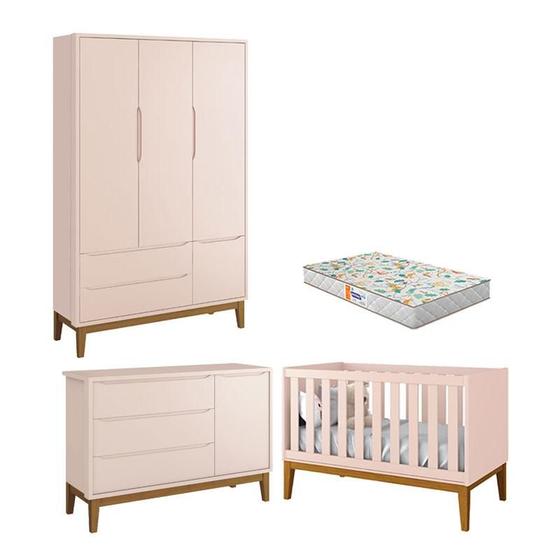 Quarto de Bebê 3 Portas New Classic Rosa com Pés Madeira e Colchão Gazin Reller Menor preço em Quarto de Bebê 3 Portas New Classic Rosa com Pés Madeira e Colchão Gazin Reller