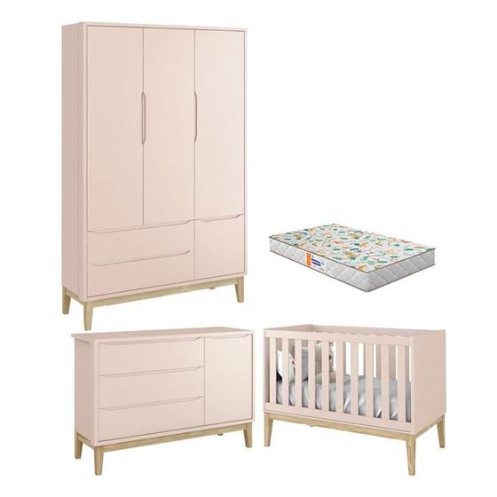 Imagem de Quarto de Bebê 3 Portas New Classic Rosa com Pés Madeira Natural e Colchão Gazin  Reller