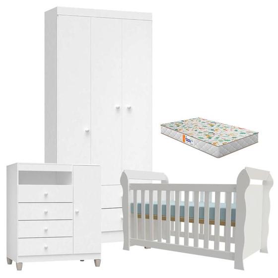 Imagem de Quarto de Bebê 3 Portas Ternura Baby com Berço Lara Branco Brilho com Colchão Gazin - Incorplac