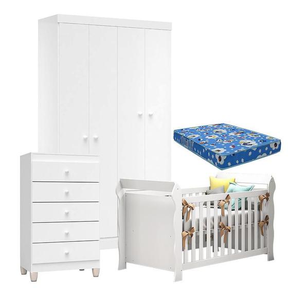 Imagem de Quarto de Bebê 4 Portas com Gaveteiro Ternura Baby e Berço Lara Branco Brilho com Colchão - Incorplac