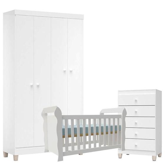 Imagem de Quarto de Bebê 4 Portas com Gaveteiro Ternura Baby e Berço Lara Branco Brilho - Incorplac