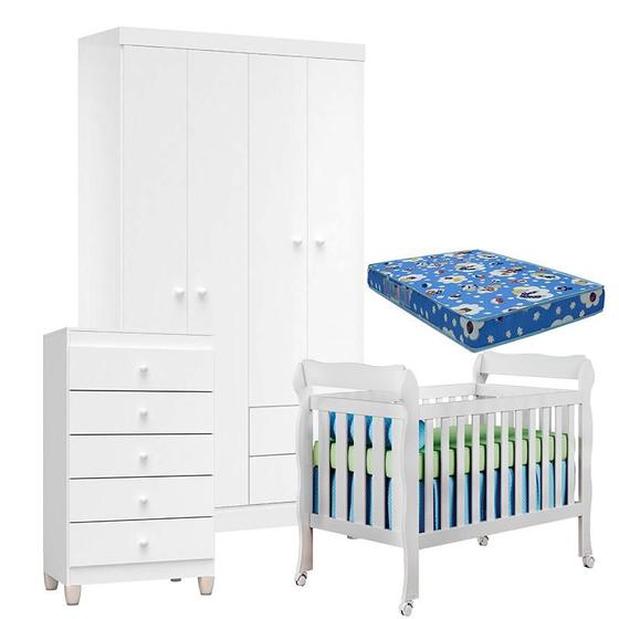 Imagem de Quarto de Bebê 4 Portas com Gaveteiro Ternura Baby e Berço Lila Branco Brilho com Colchão - Incorplac