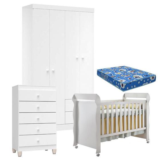 Imagem de Quarto de Bebê 4 Portas com Gaveteiro Ternura Baby e Berço Mirelle Branco Brilho com Colchão - Incorplac