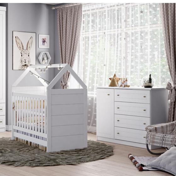 Imagem de Quarto de Bebê Americano Berço Mini Cama e Cômoda 4 Gavetas  - Branco