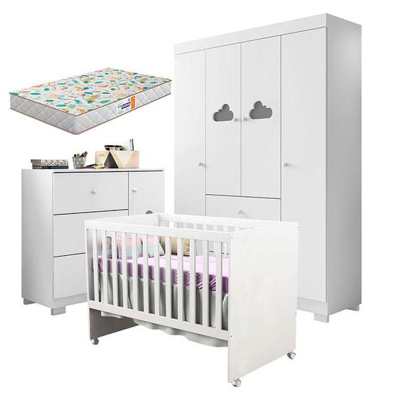 Quarto de Bebê Ane com Berço Americano Gabi Branco Brilho e Colchão Gazin Phoenix Baby Menor preço em Quarto de Bebê Ane com Berço Americano Gabi Branco Brilho e Colchão Gazin Phoenix Baby