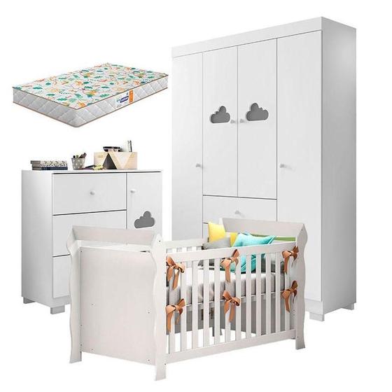 Imagem de Quarto De Bebê Ane Com Berço Americano Lara Branco Brilho Com Colchão Gazin  Phoenix Baby
