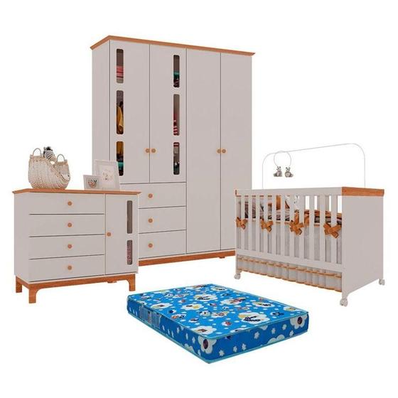 Imagem de Quarto De Bebê Antonella 4 Portas Off White Caramelo Com Colchão Ortobom - Canaã