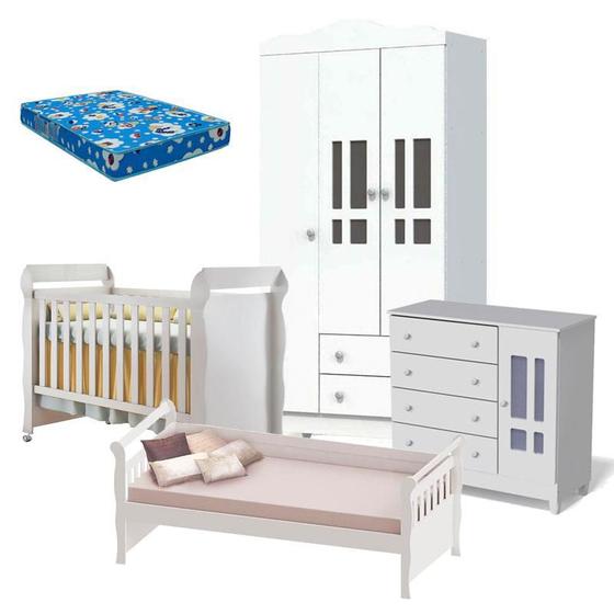 Imagem de Quarto de Bebê Ariel 3 Portas Berço Mirelle com Colchão e Cama Babá Julia Branco Brilho  Carolina