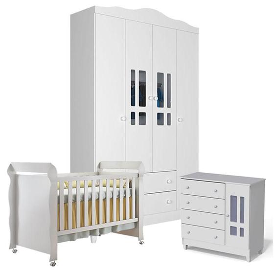 Imagem de Quarto de Bebê Ariel 4 Portas com Berço Americano Mirelle Branco Brilho - Carolina