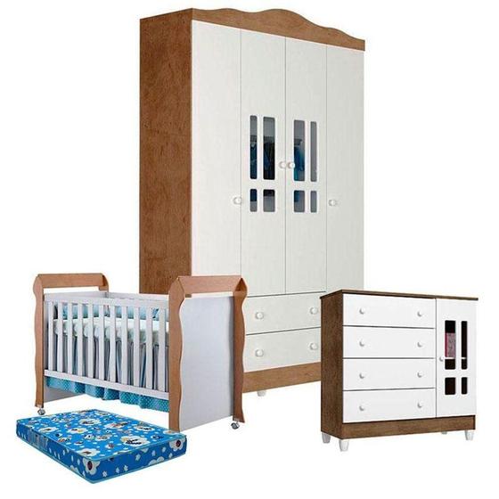 Imagem de Quarto De Bebê Ariel 4 Portas Com Berço Mirelle Branco Acetinado Amadeirado E Colchão - Carolina