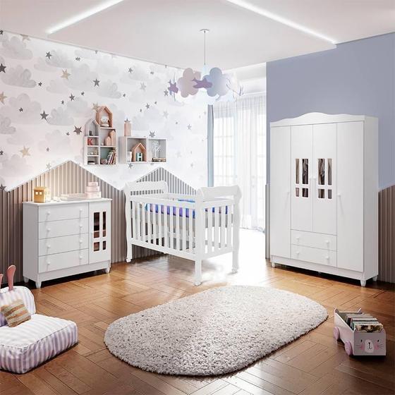 Imagem de Quarto de Bebê Ariel Berço 3x1 Lila Guarda Roupa 4 Portas Cômoda com Porta Branco Carolina Baby