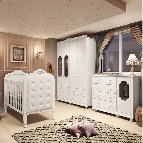 Quarto de Bebê Berço 3 em 1 com Capitonê, Cômoda e Guarda Roupa MDF Maya Provençal Yescasa Branco