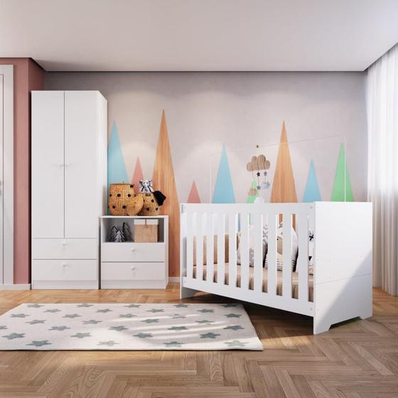 Imagem de Quarto de Bebê Berço 3 em 1 com Colchão Cômoda Trocador e Guarda Roupas Espresso Móveis Branco