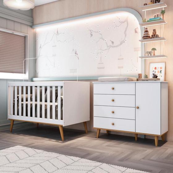 Imagem de Quarto de Bebê Berço 3 em 1 Retro Cômoda com Porta Fraldario Infantil Branco Carolina Baby