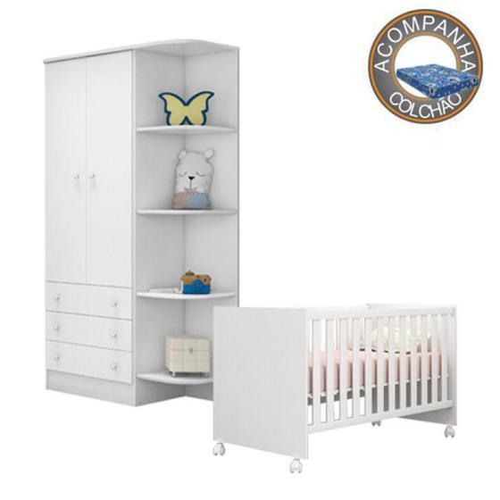 Imagem de Quarto de Bebê Berço c/Rod Colchão Physical e Guarda Roupa Doce Sonho Branco Qmovi Ortobom