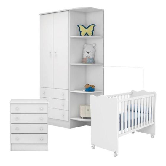 Imagem de Quarto de Bebê Berço c/Rod Guarda Roupa Cômoda Doce Sonho Branco Qmovi