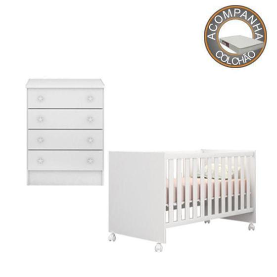 Imagem de Quarto de Bebê Berço c/ Rodízios Colchão Light e Cômoda Doce Sonho Branco Qmovi Ortobom