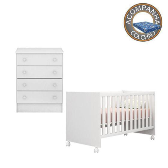 Imagem de Quarto de Bebê Berço c/ Rodízios Colchão Physical e Cômoda Doce Sonho Branco Qmovi Ortobom