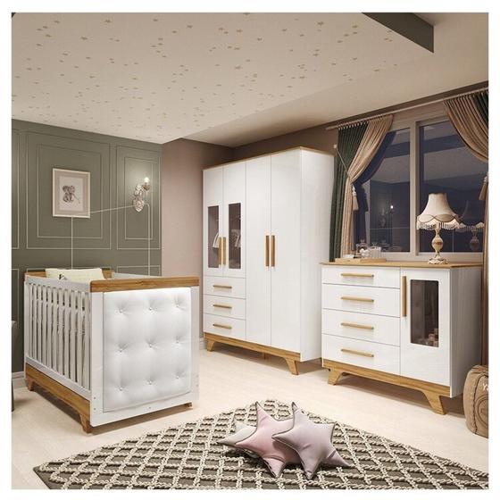 Imagem de Quarto de Bebê Berço Capitonê Guarda-roupa e Cômoda com Janelas 100% Mdf Retrô Kakau Espresso Móveis