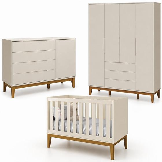 Quarto de Bebe Berço Classic + Comoda Sapateira + Guarda Roupa 4 Portas Pés Madeira