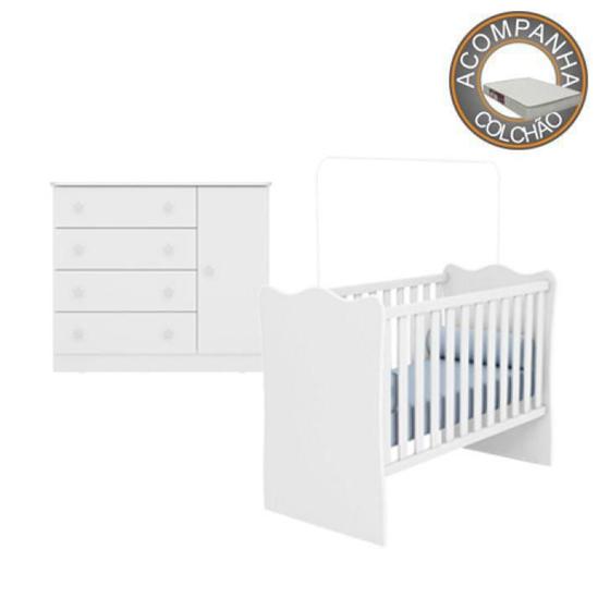 Imagem de Quarto de Bebê Berço Colchão Light e Cômoda Doce Sonho Branco Qmovi Ortobom