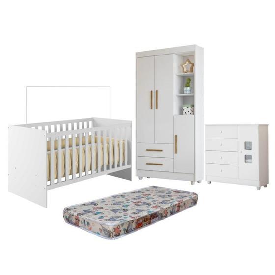 Imagem de Quarto de Bebê Berço com Colchão, Cômoda 1 Porta 4 Gavetas e Roupeiro Flocos 3 Portas 2 Gavetas