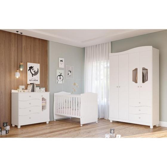 Imagem de Quarto de Bebê Berço, Cômoda 4 Gavetas, Guarda Roupa 4 Portas 3 Gavetas Soninho Espresso Móveis Branco