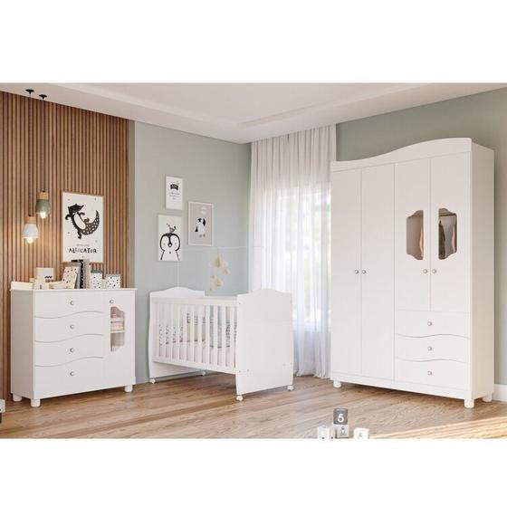 Imagem de Quarto de Bebê Berço, Cômoda 4 Gavetas, Guarda-roupa 4 Portas 3 Gavetas Soninho Espresso Móveis Branco