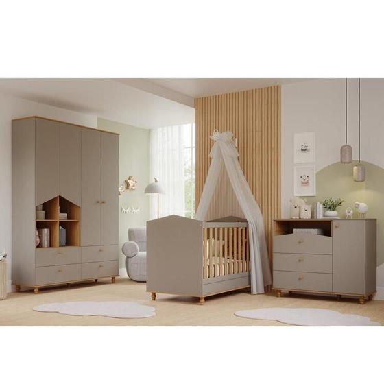 Imagem de Quarto de Bebê Berço e Cômoda 3 Gavetas 1 Porta e Guarda-Roupa 4 Portas 4 Gavetas Happy Espresso Móveis Fendi/Nature