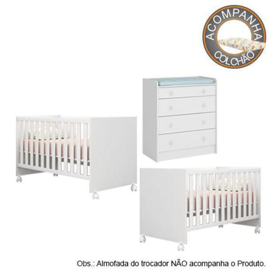 Imagem de Quarto de Bebê Berço Gemeos c/ Rodízios Colchão Nana Nenem e Cômoda Doce Sonho Branco Qmovi Umaflex