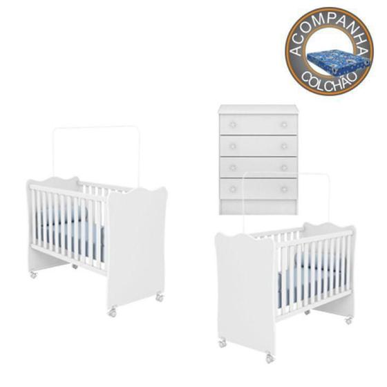 Imagem de Quarto de Bebê Berço Gemeos c/ Rodízios Colchão Physical e Cômoda Doce Sonho Branco Qmovi Ortobom
