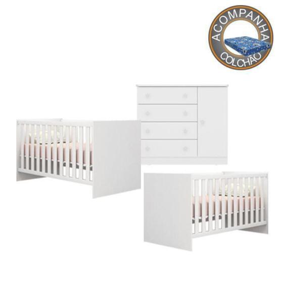 Imagem de Quarto de Bebê Berço Gemeos Colchão Physical e Cômoda Doce Sonho Branco Qmovi Ortobom