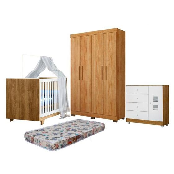 Imagem de Quarto de Bebê Berço Mini Cama com Colchão, Cômoda 1 Porta 4 Gavetas e Roupeiro 4 Portas 3 Gavetas