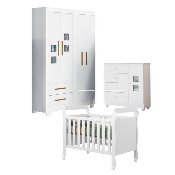 Imagem de Quarto de Bebê Berço Mini Cama, Cômoda 1 Porta 4 Gavetas e Roupeiro 4 Portas 2 Gavetas Fly Branco