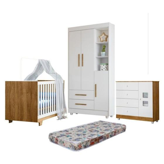 Imagem de Quarto de Bebê Berço Mini Cama, Cômoda 1 Porta 4 Gavetas e Roupeiro Flocos 3 Portas 2 Gavetas Branco/Madeirado Ypê