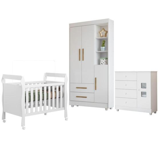 Imagem de Quarto de Bebê Berço Mini Cama, Cômoda 1 Porta 4 Gavetas e Roupeiro Flocos 3 Portas 2 Gavetas