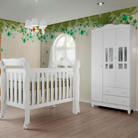 Imagem de Quarto de Bebê Berço Mini Cama e  Guarda-Roupa 3 Portas Lila Carolina Baby