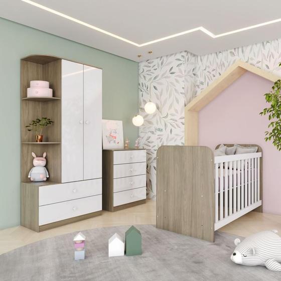 Imagem de Quarto de Bebê Berço Mini Cama Guarda Roupa e Cômoda Sonho Encantado Espresso Móveis Rústico/Branco