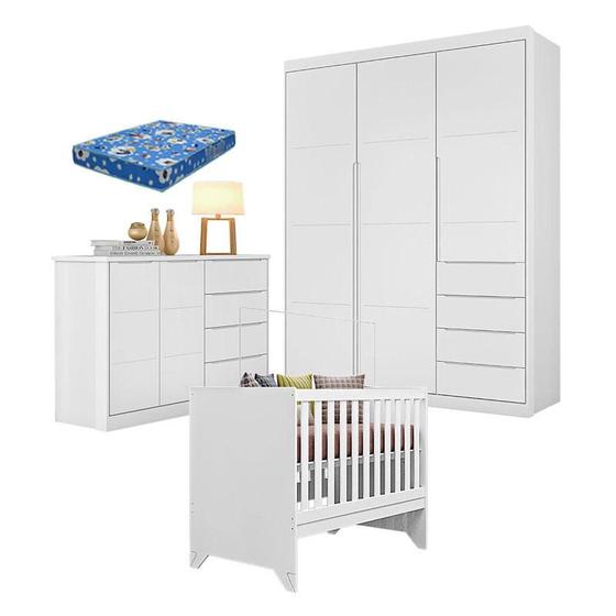 Imagem de Quarto de Bebê Blenda com Berço Americano Maya Branco Acetinado com Colchão Ortobom - Phoenix Baby