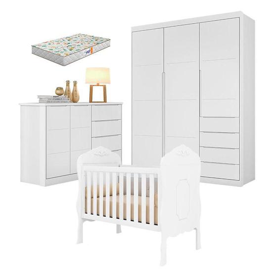 Imagem de Quarto de Bebê Blenda com Berço Americano Realeza Branco Acetinado com Colchão Gazin - Phoenix Baby