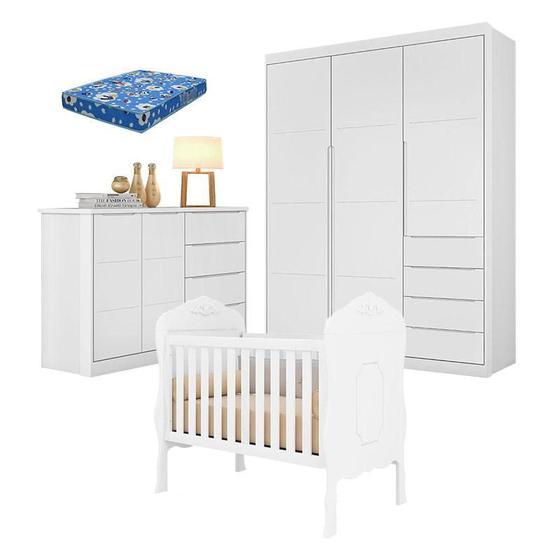 Imagem de Quarto de Bebê Blenda com Berço Americano Realeza Branco Acetinado com Colchão Ortobom - Phoenix Baby