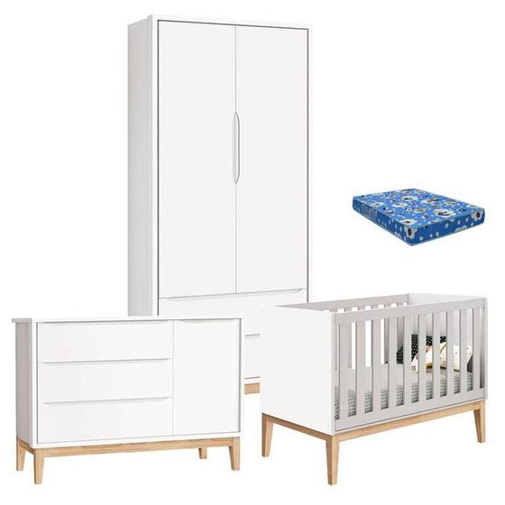 Imagem de Quarto de Bebê Classic 2 Portas com Colchão Branco Pés Madeira Natural - Reller