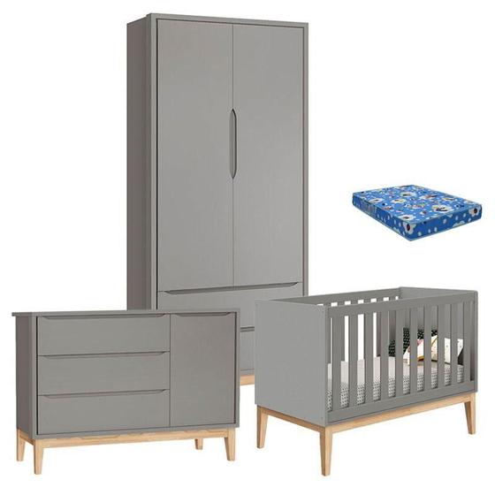 Imagem de Quarto de Bebê Classic 2 Portas com Colchão Cinza Pés Madeira Natural - Reller