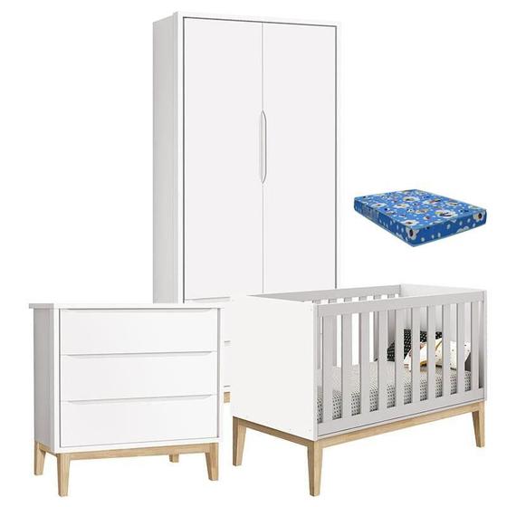 Imagem de Quarto de Bebê Classic 2 Portas com Colchão e Cômoda Gaveteiro Branco Pés Madeira Natural  Reller